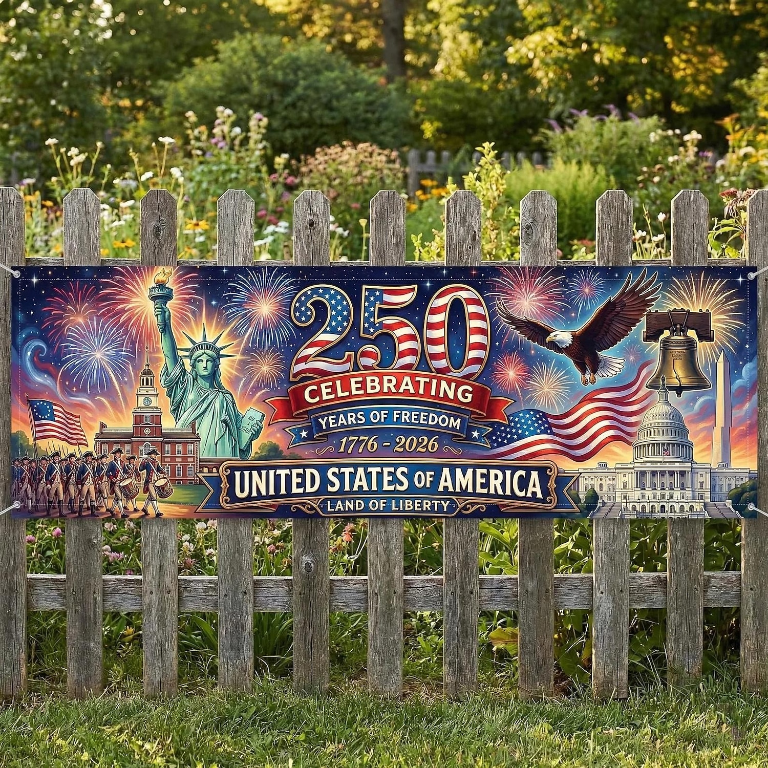 Banner ter ere van het 250-jarig jubileum van de VS: 250 jaar vrijheid. Een banner die de geschiedenis van de VS viert, met het Vrijheidsbeeld, de adelaar en vuurwerk. Perfect voor patriottische festiviteiten. 2026 - $21.99 –P3