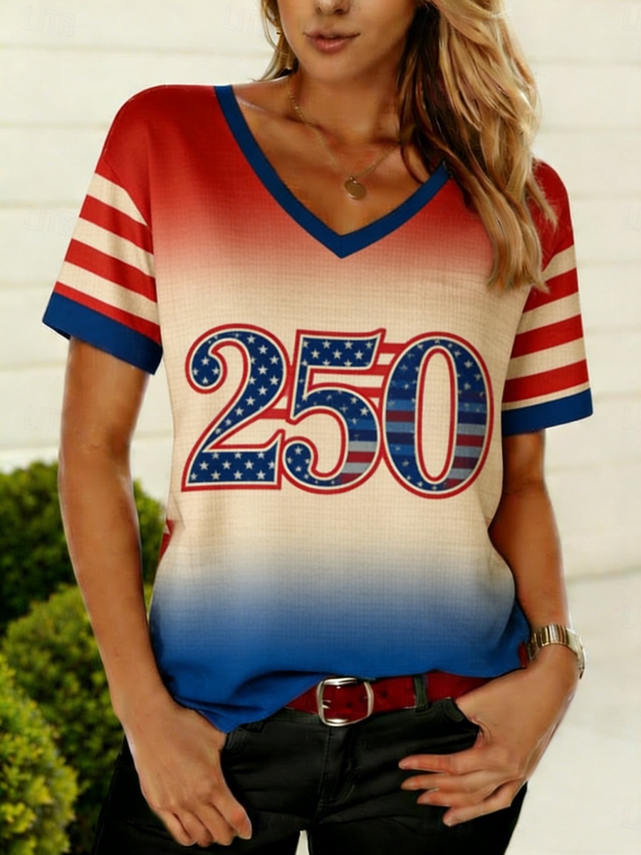 2026年 アメリカ独立記念日 女性用 Tシャツ ティートップ プリント グラフィック フラッグ スタイリッシュ クラシック カジュアル 半袖 Ｖネック レギュラートップス 日常 お出かけ 週末 ブルー ルビーレッド レッドとブルー 夏 春  コレクション – $17.49 –P2