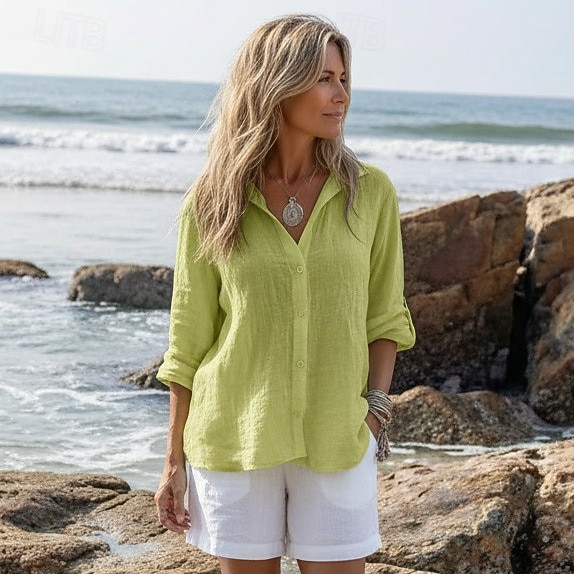 Camisa de mujer color liso elegante casual manga larga cuello regular tops diario vacaciones botones azul blanco amarillo rosa verano primavera 2026 - $24.99 –P3