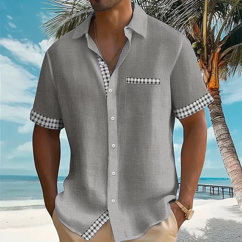 Herren Geometrisch Karo / Karomuster Hemd Sommerhemd Knopfhemd Kurzarm Modisch lässig Täglich Strandurlaub Sommer Umlegekragen 3D-Druck Eine Tasche vorne Leinenähnliches Hemd Blau Blaugrün Weiß Grau 2026 - $27.99 –P3