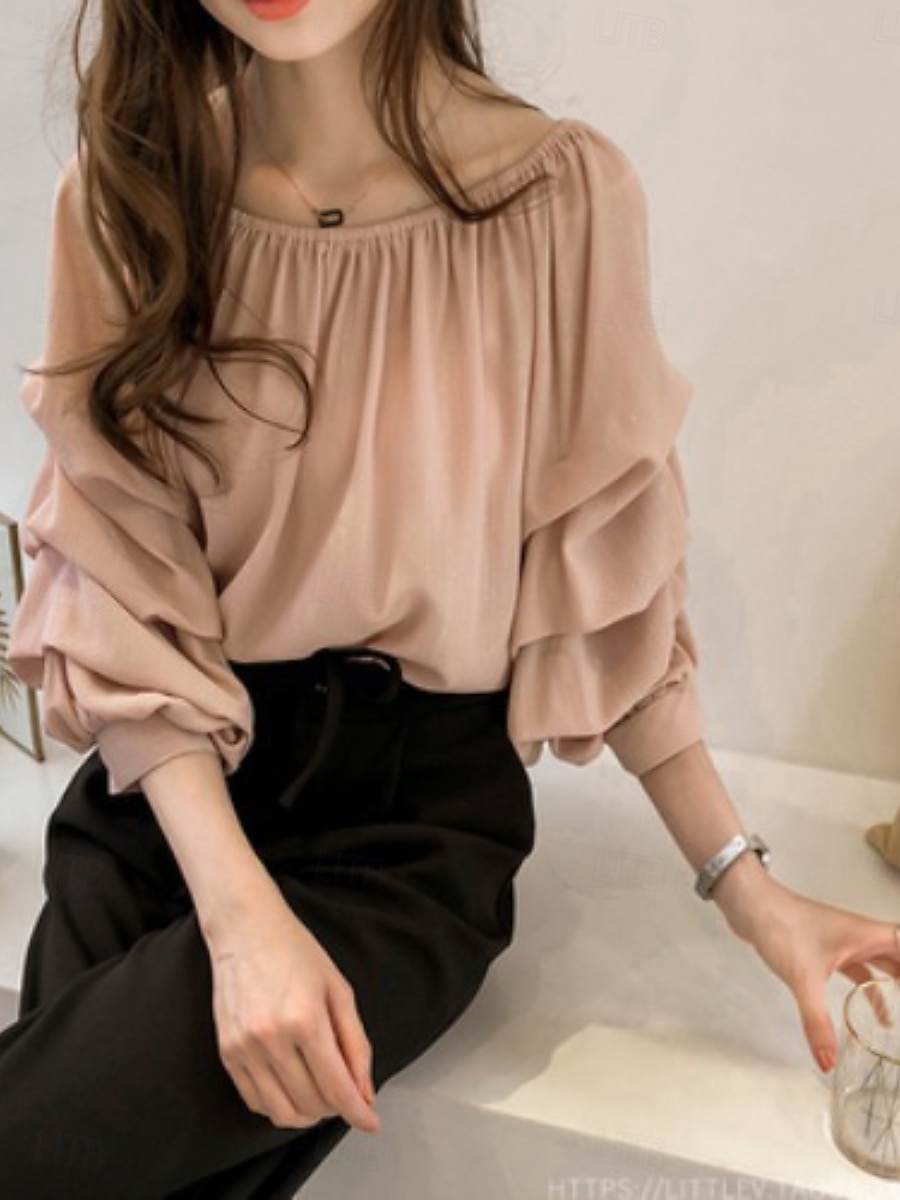 Γυναικεία Πουκάμισο Μπλούζα Μπλούζες σιφόν Σουρωτά Σκέτο Ενεργό Στυλάτο Μακρυμάνικο Ώμοι Έξω Κανονικά μπλουζάκια Καθημερινά Αργίες Εξόδου Θαλασσί Ανθισμένο Ροζ Σομόν Καλοκαίρι Άνοιξη 2026 - $13.99 –P5