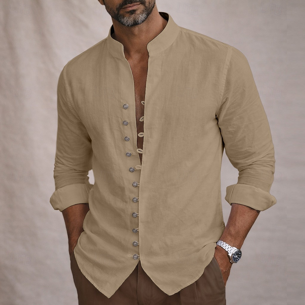 Men's Shirt Linen Shirt Summer Shirt Casual Shirt Button Up Shirt Plain Casual Daily Blue Black White Pink Long Sleeve Stand Collar Summer Spring Clothing Apparel Button Front 2026 - $25.99 –P9