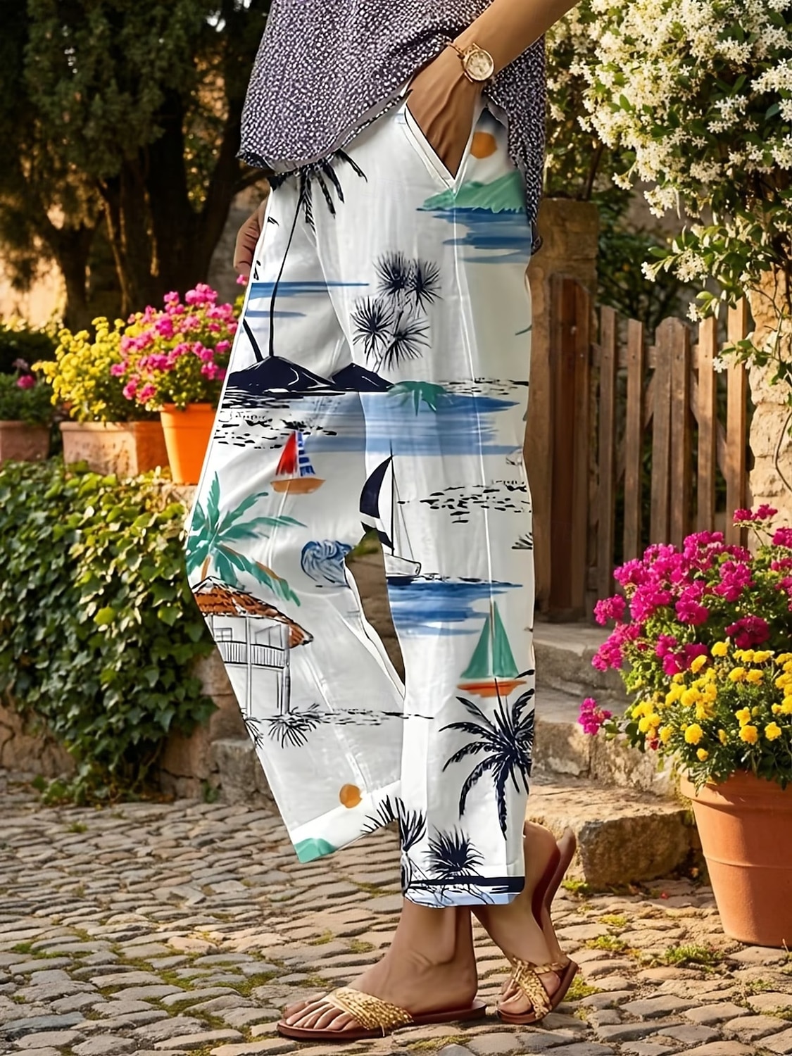 Women's Slacks Straight Vacation Casual Full Length Natural Floral Graphic Tropical Pocket Printing Elastic Drawstring Design Comfy Comfort Comfortable Micro-elastic Outdoor Vacation Street White 2026 - $44.99 –P1