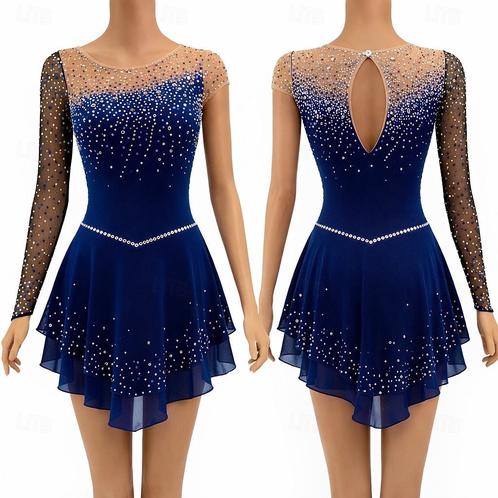 Figure Skating Fleece Jacket Figure Skating Dress Women's Ice Skating Dress Navy Patchwork Asymmetric Hem Stretchy Training Competition Skating Wear Classic Crystal / Rhinestone Long Sleeve Ice 2026 - $282.59 –P1