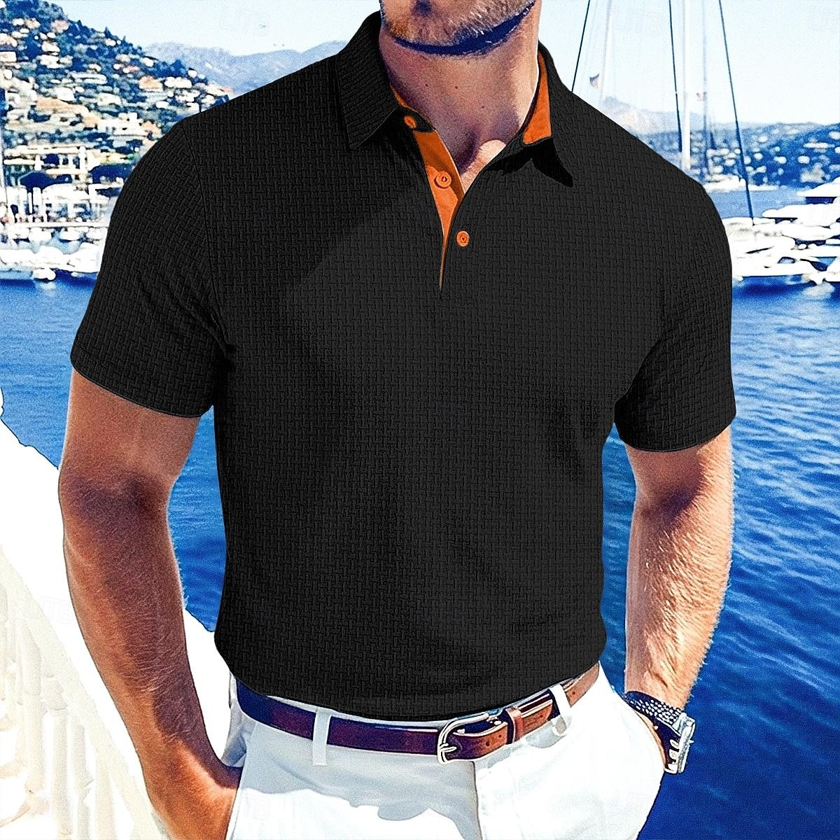 Homens Textura Polo Malha Waffle Casual O negócio Clássico Manga Curta Moda Moderno Côr Sólida Botões Verão Primavera Normal Preto Branco Azul Marinha Verde Tropa Textura de 2026 por $20.99 –P7