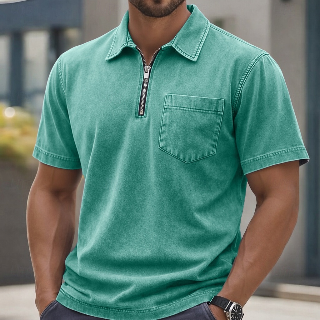 Homme Polo Chemise 100% coton délavée à l'acide Occasionnel Tenue quotidienne Zip quart Manche Courte ancien Basique Uni Avec Poches Affligé Été Coupe régulière Vert Armée Noir Rose Claire bleu de 2026 ? $31.99 –P5