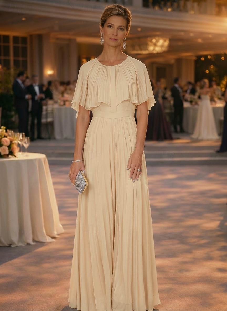 Overall Hosenanzug Bodenlang Brautmutterkleid Kurzarm Halbarm Rundhalsausschnitt Elegant Einfach Lässig Formell Hochzeitsgast Hochzeitsfeier Chiffon Schals mit Falten 2026 - $171.99 –P4