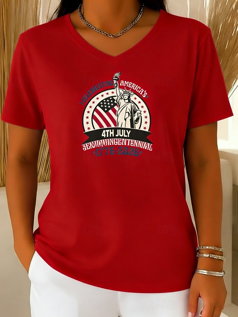 día de la independencia americana Mujer Camiseta Camiseta superior Estampado Graphic Elegante Clásico Casual Manga Corta Escote en Pico Tops regulares Diario Noche Fin de semana Azul Piscina Negro 2026 - $16.49 –P3