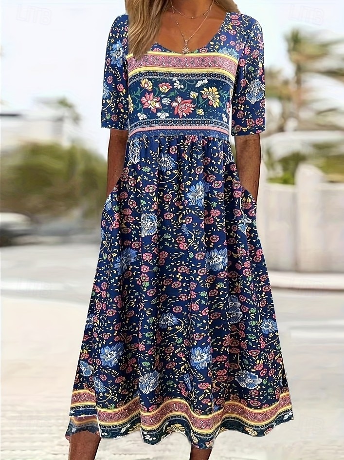 Damen Midikleid Sommerkleid Urlaub Lässig Boho Täglich Strand Normale Passform Blumen Halbarm Rundhalsausschnitt Blau Rote Dunkelblau Beige Sommer Frühling 2026 - $32.99 –P10