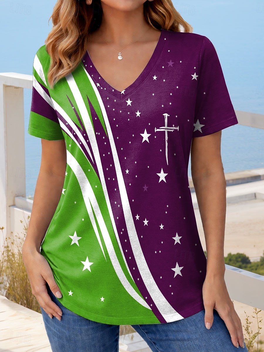 Ziua Independenței Americane Pentru femei Tricou Imprimeu Grafic Steag Stilat Clasic Casual Manșon scurt În V Topuri obișnuite Zilnic Roșu-aprins Mov Trifoi Vară Primăvară 2026 - $21.99 –P3
