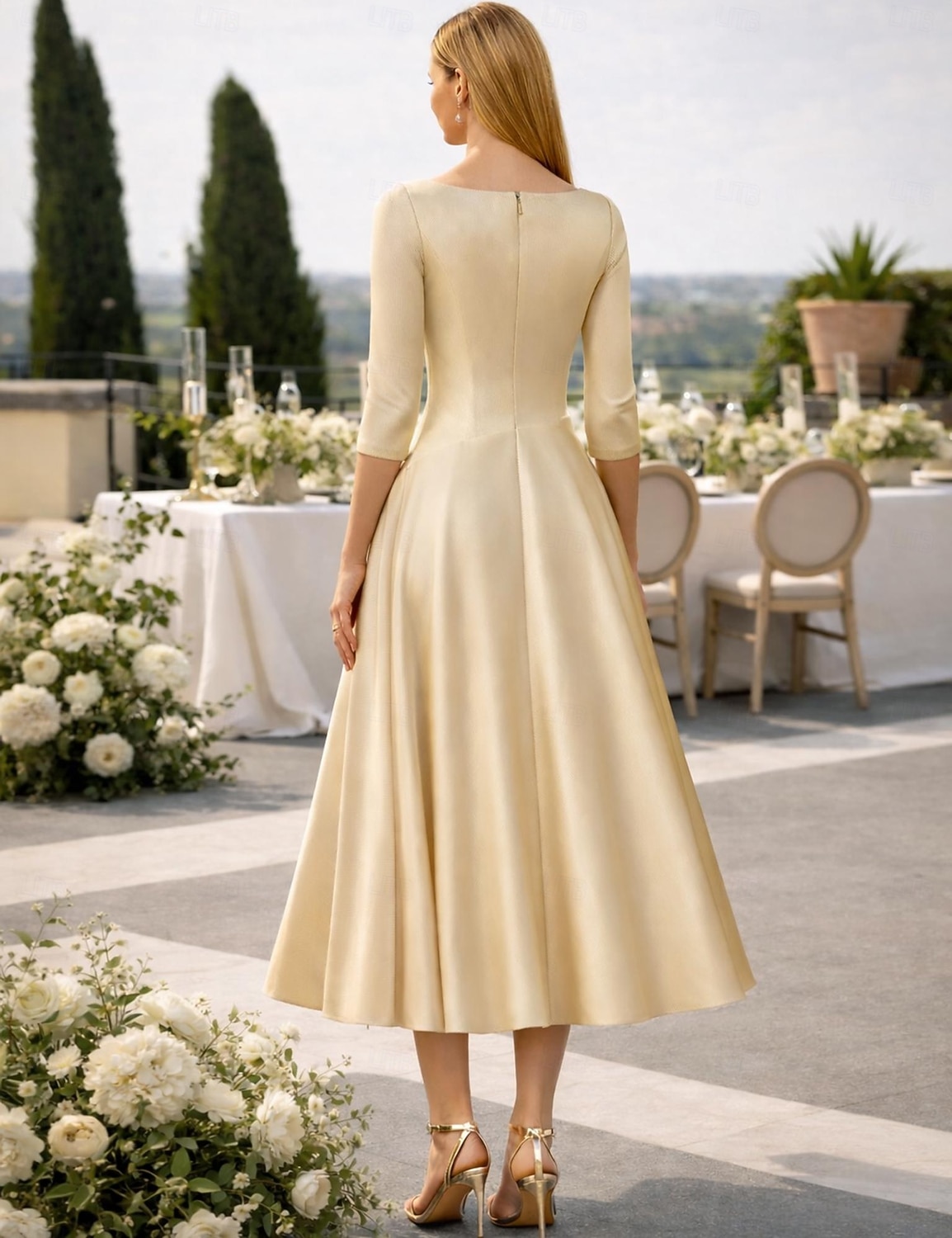 A-Linie Tee-Länge Cocktailkleider Partykleider Elegant Vintage Übergröße Dreiviertelarm V Ausschnitt Hochzeitsgast Satin mit Falten 2026 - $126.99 –P2