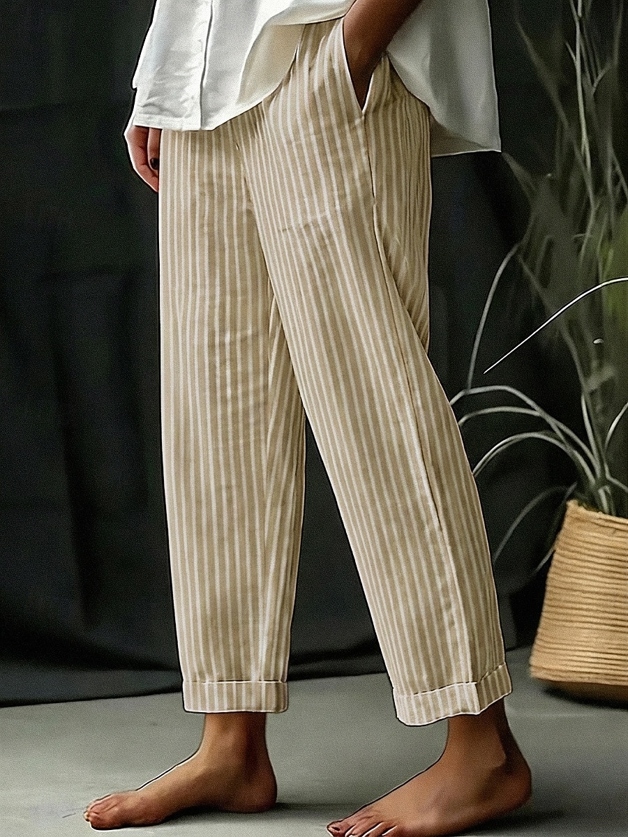 Mulheres Calças de linho de algodão Calça verão Calças de praia Clássico Casual Longas Cintura Alta Listra Bolsos Estampado Design de cordão elástico Respirabilidade Macio Micro-Elástica Férias Rua de 2026 por $23.99 –P3