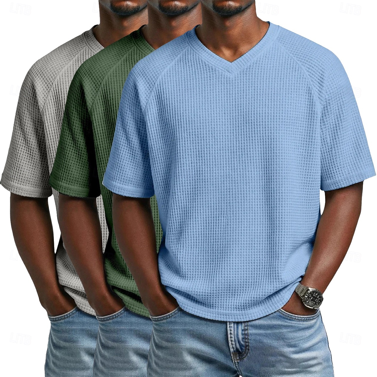 3 pezzi t-shirt da uomo waffle maglietta a maniche corte scollo a V estate tinta unita testurizzata alla moda designer casual multipack maniche raglan casual quotidiano esterno blu bianco maglietta del 2026 a $51.99 –P5