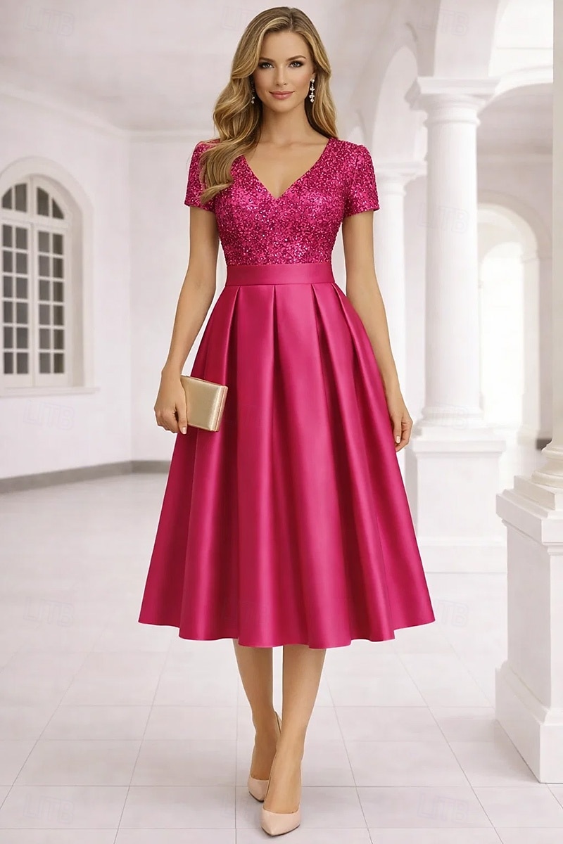 A-Line Tea Length Cocktail Dresses Elegant Short Sleeve V Neck Garden Party Wedding Satin Sequined with Pleats Sequin 2026 - $148.99 –P4