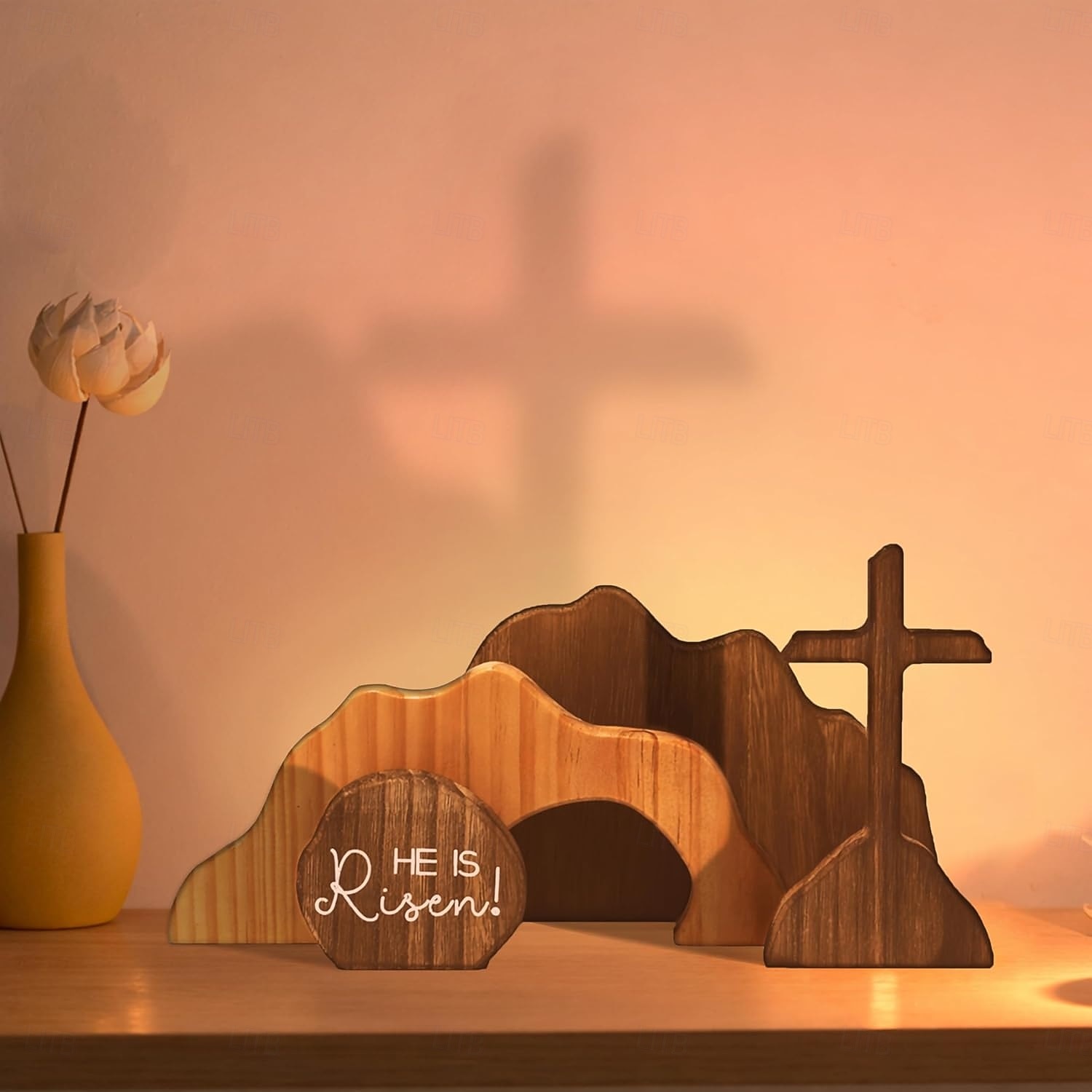Pasen: Hij is opgestaan, christelijke decoratie, leeg graf, kruis, paasdecoratie voor thuis, houten paastafereel met opstanding, tafeldecoratie, schoorsteenmanteldecoratie, kantoordecoratie, 2026 - $23.99 –P5