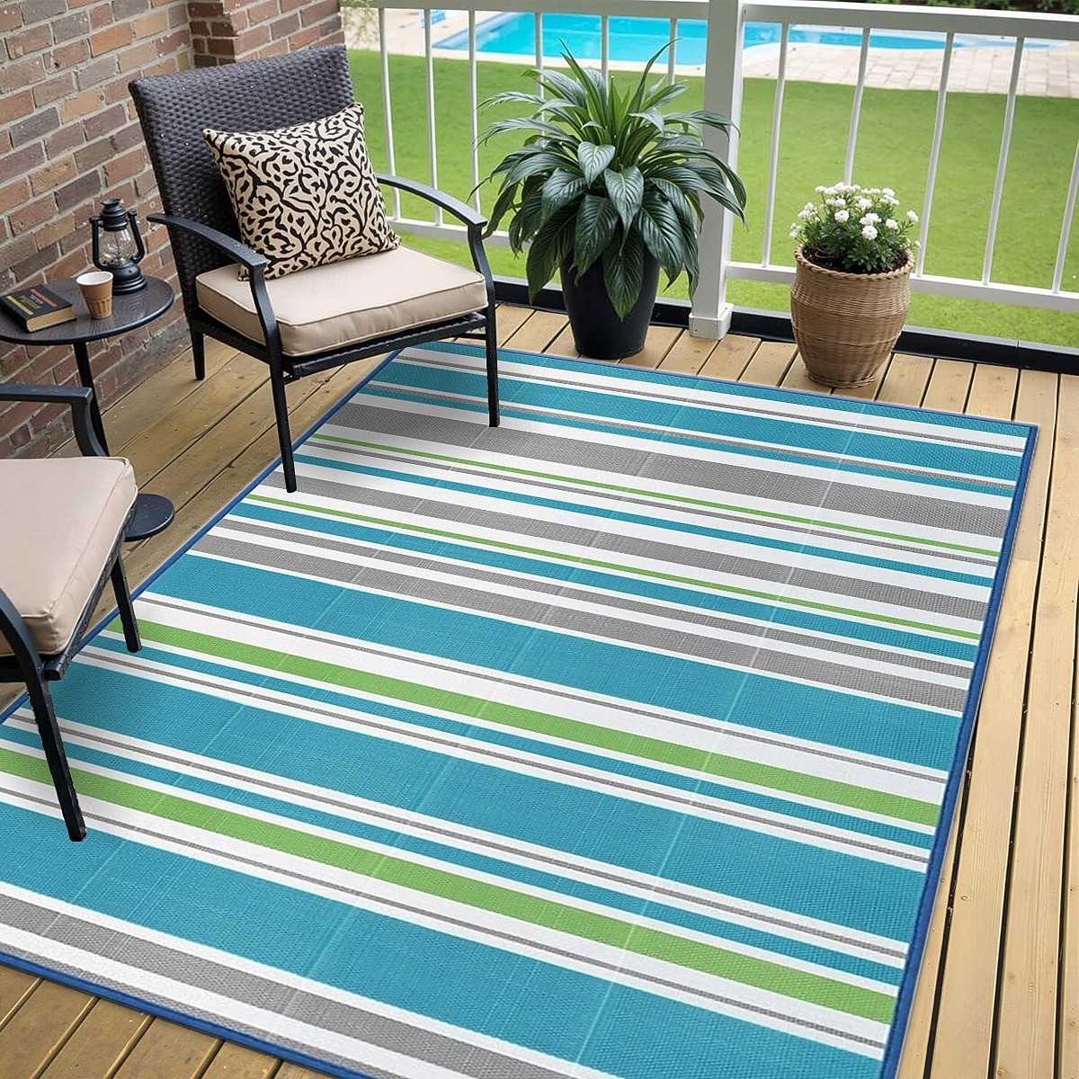 vanntett utendørsteppe 1,5 x 2,4 m, vendbart plastteppe, moderne teppe, stor gulvmatte for utendørs bruk, bobil, terrasse, bakgård, dekk, piknik, strand, camping, blå &grønn 2026 - $51.99 –P5