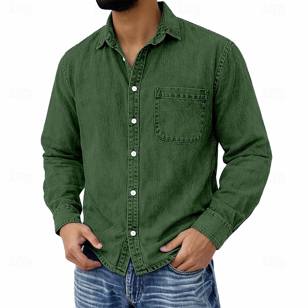 Men's Shirt Casual Shirt Vintage Shirt Button Up Shirt 100% Cotton Acid Wash Shirt Blue Black Light Green Wine Navy Blue Long Sleeve Plain Lapel Streetwear Going out Pocket Clothing Apparel Cotton 2026 - $31.99 –P10