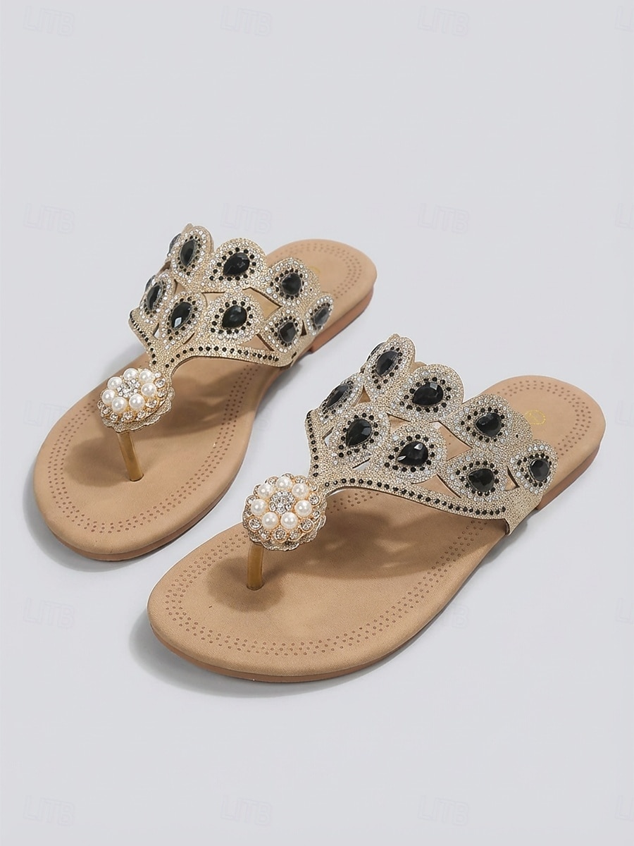 Chinelo feminino boho com aplicações de joias - elegante cristal azul royal &Sandálias rasteiras com tira em T e pérolas, perfeitas para férias na piscina e escapadelas na praia. &roupas de resort de de 2026 por $19.99 –P8