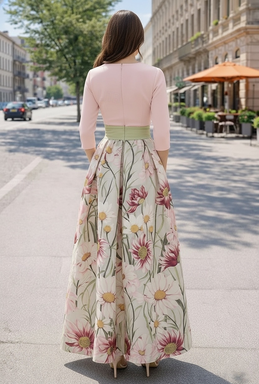 Linha A Longo Vestidos de noite Elegante Vintage Floral Manga 3/4 Decote V Festa de Jardim Casamento Cetim com Estampa floral Pregas Bolsos de 2026 por $194.99 –P2