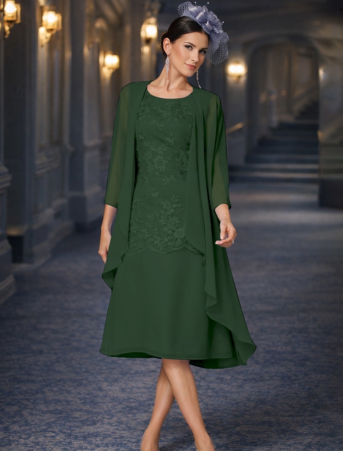 שני חלקים מעטפת עמוד באורך הקרסול שמלת אורח לחתונה שמלה לאם הכלה  ללא שרוולים עם תכשיטים אלגנטית אורחת חתונה מסיבת החתונה שיפון תחרה שמלות ז'קט עם אפליקציות 2026 - $146.99 –P16