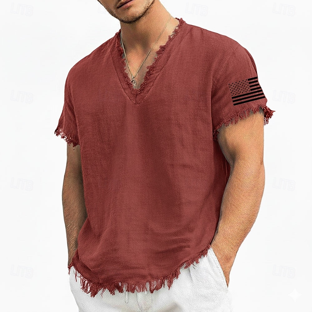 Men's American Flag Sleeve Printed Linen Cotton Blend V-Neck T-Shirt Raw Edge Summer USA Patriotic Beach Tee Frayed Soft Fashion Designer Top S-3XL 2026 - $24.99 –P4