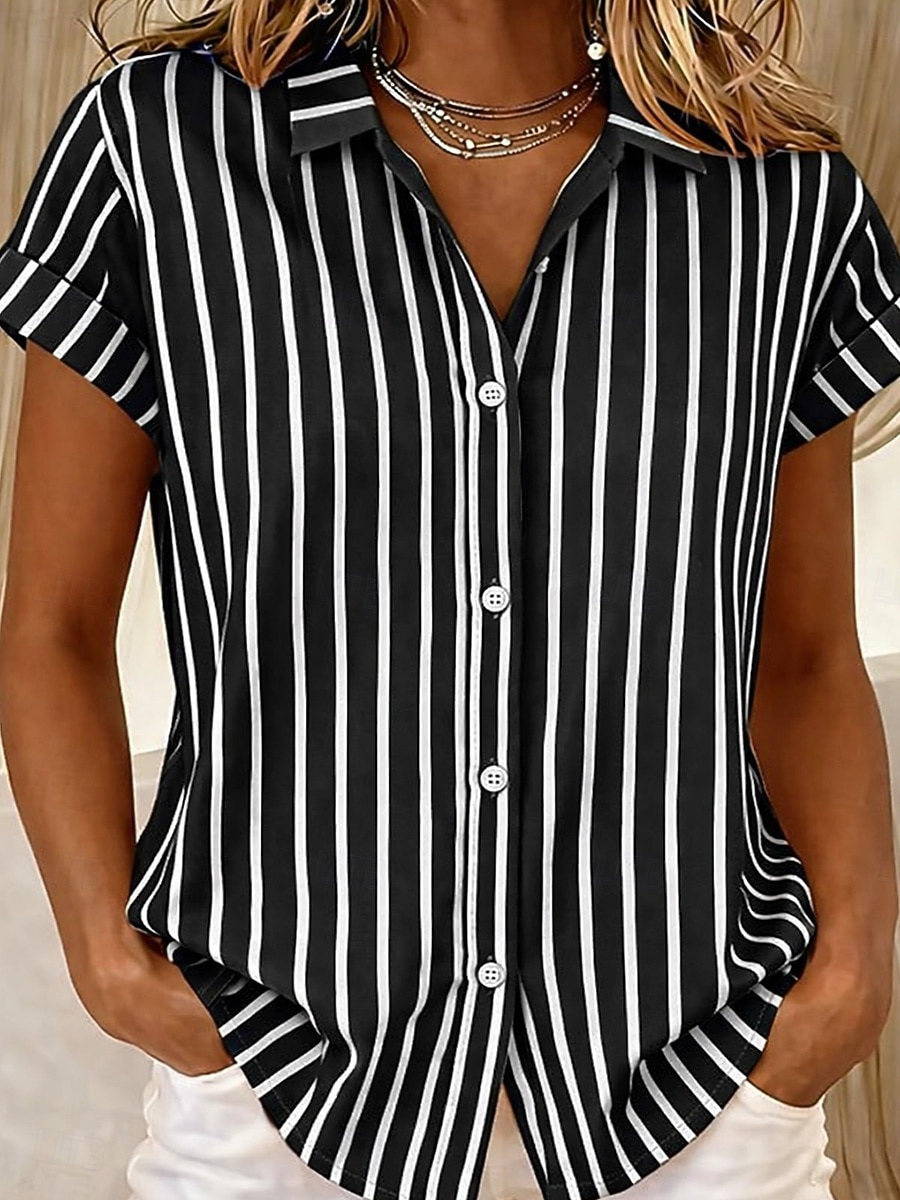 Maglietta da Donna Manica Corta Grafica Geometrica Striata Vintage Tropicana Elegante Senza Maniche Colletto Lungo Top Giornaliero Blu Nero Rosa Arancione Verde Estate Primavera del 2026 a $26.99 –P6