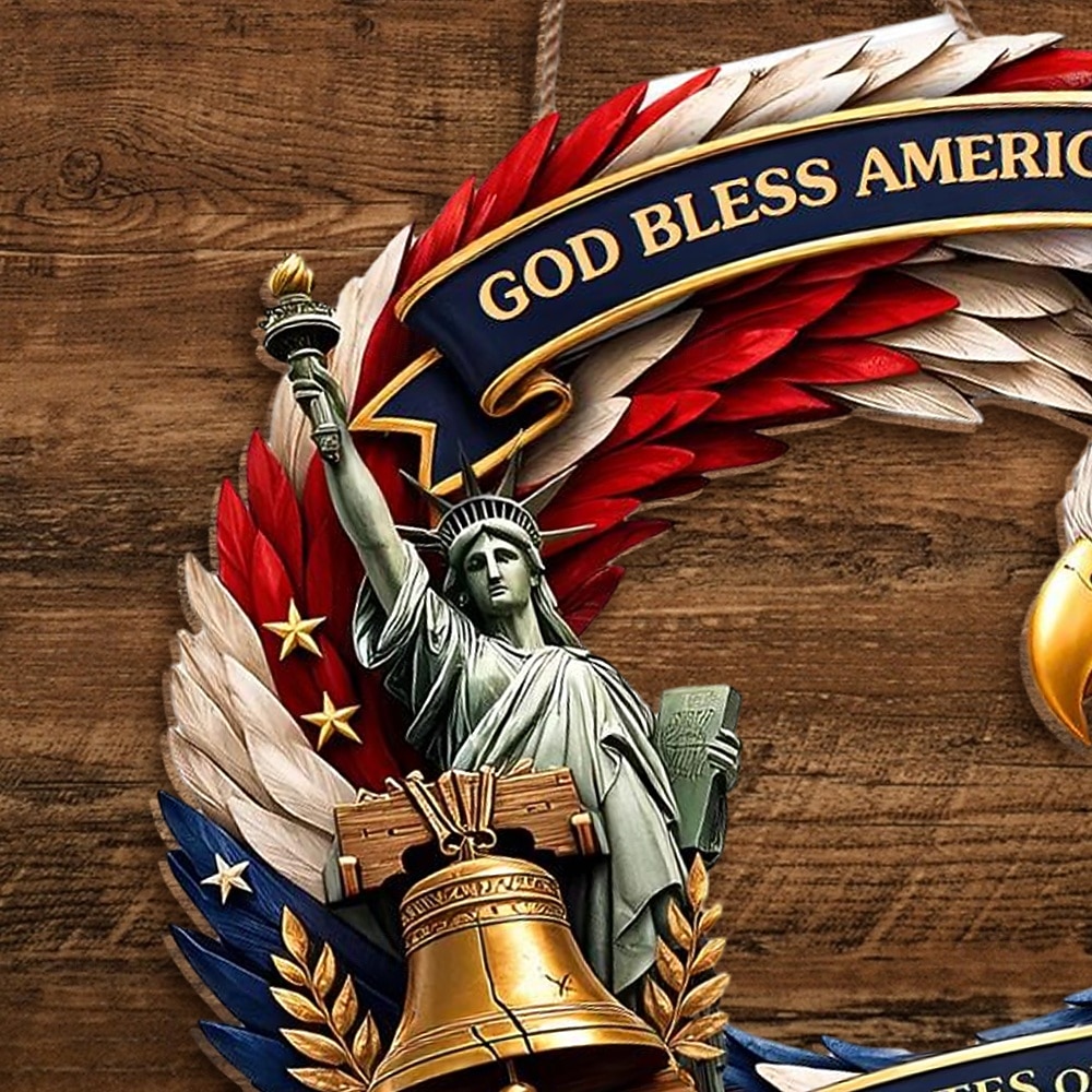 U.S. 250th Anniversary Wood Sign Patriotic Door Hanger, God Bless America Independence Day Decor with Eagle, Liberty Bell & Statue of Liberty, 1776–2026 4th of July Front Door Decoration 2026 - $25.99 –P1