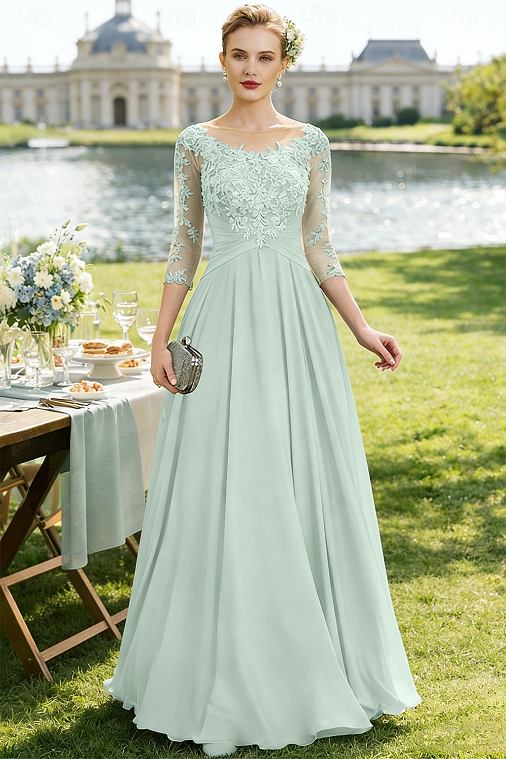 Linea ad A Lunghezza al pavimento Abito da invitata a nozze Abito Formale Abito da sera Abito da cerimonia per signora Manica 3/4 Collo gioiello Elegante Ricevimento di matrimonio Chiffon Pizzo con del 2026 a $195.99 –P1
