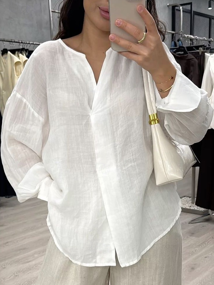 Damen Bluse Baumwollhemd Einfarbig Täglich Stilvoll Basic Langarm V Ausschnitt Normale Oberteile Täglich Blau Weiß Gelb Rosa Grün Sommer Frühling Herbst 2026 - $27.99 –P2