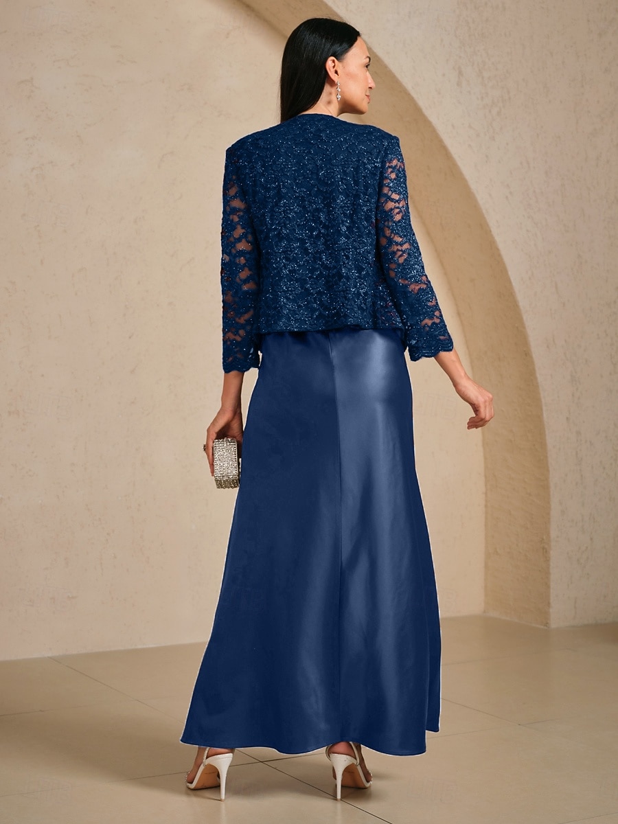 Women's Maxi Dress A Line Dress Satin Elegant Evening Party Lace Glitter Regular Fit Floral Sleeveless Square Neck Navy Blue 2026 - $135.99 –P3