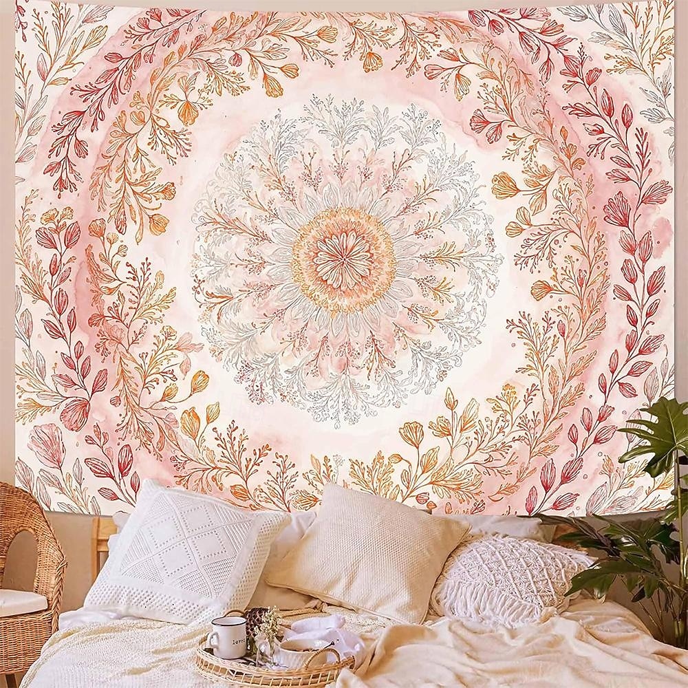 tapeçaria de parede com mandala floral em tons pastel de rosa aquarela, estilo boho romântico, com guirlanda de flores pêssego, ideal para decoração de quarto ou dormitório feminino. de 2026 por $19.99 –P1