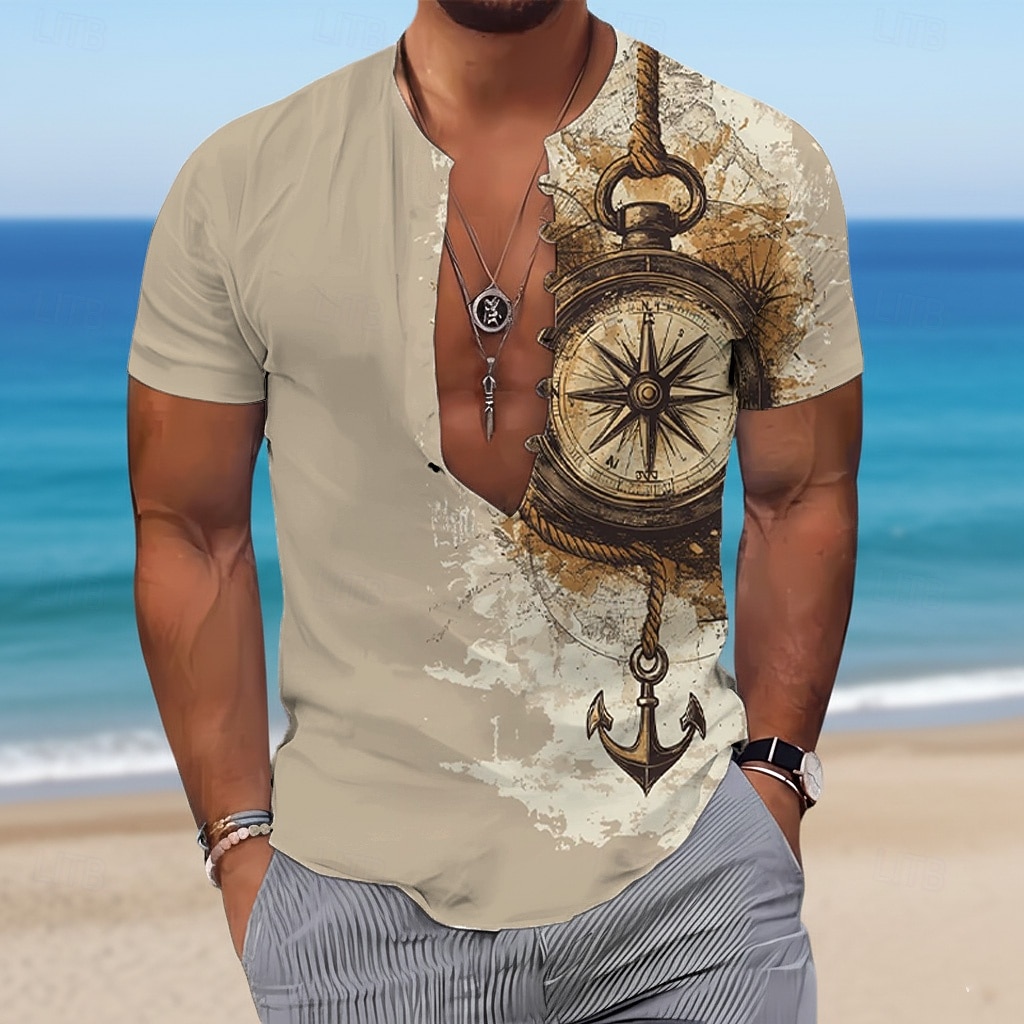 Hombre Náutico Ancla Brújula Camisa Camisa de manga corta Camisa con cuello mao Manga Corta retro de la vendimia Casual Diario vacaciones en la playa Verano Primavera Sin Cuello Impresión 3D Azul 2026 - $25.99 –P2