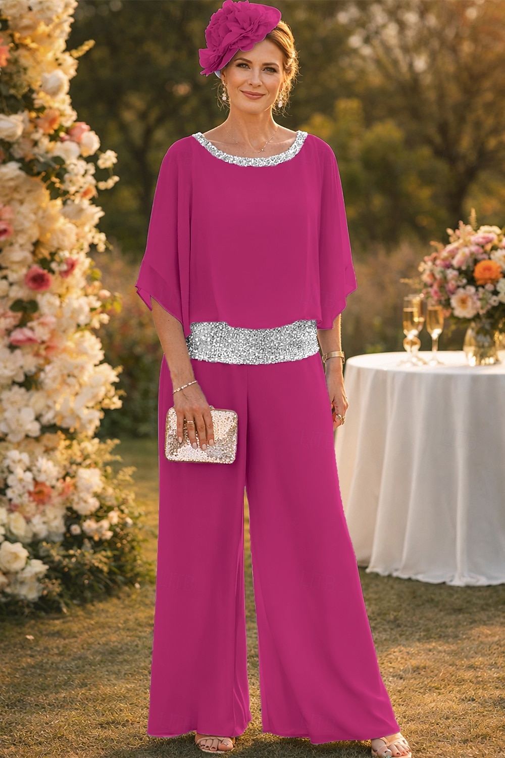 Tvådelad Byxor Golvlång Klänning till brudens mor Halvlång ärm Båthals Elegant Vintage Enkel Bröllopsgäst Helgdag Formell kväll Chiffong med Paljett 2026 - $76.99 –P5