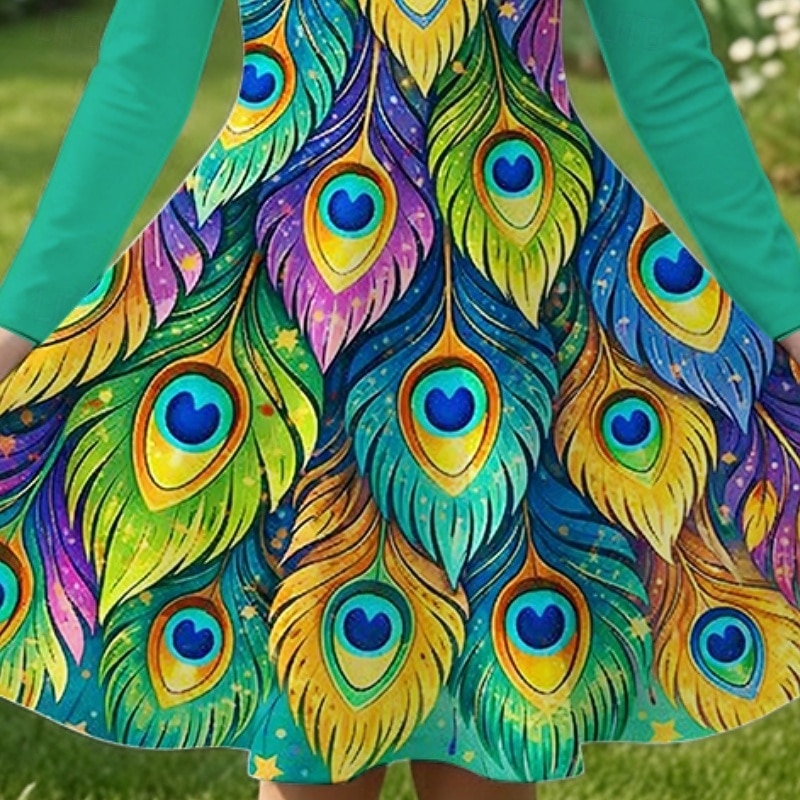 Girls ' 3D Graphic Pavo real Vestido Manga Larga Impresión 3D Primavera Otoño Diario Vacaciones Fiesta Casual Princesa Hermosa Niños 4-12 años Vestido informal Vestido de una línea Hasta la Rodilla 2026 - $20.99 –P3