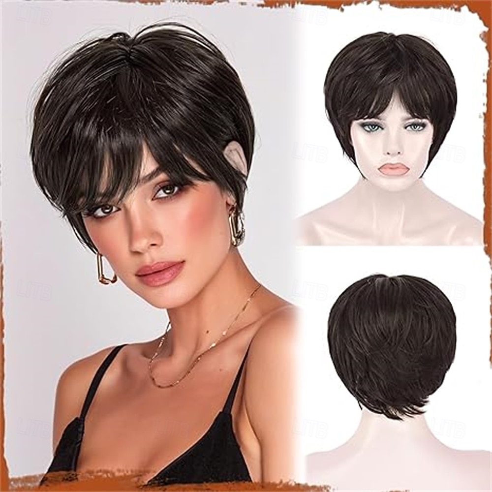 Pixie Cut Wig - Short Gray Wig with Bangs Layered Pixie Haircut Synthetic Hair Wigs for Women Soft Heat Resistant Natural Looking Grey Wigs for Daily Party Use Black Ombre Gray 2026 - $30.99 –P5