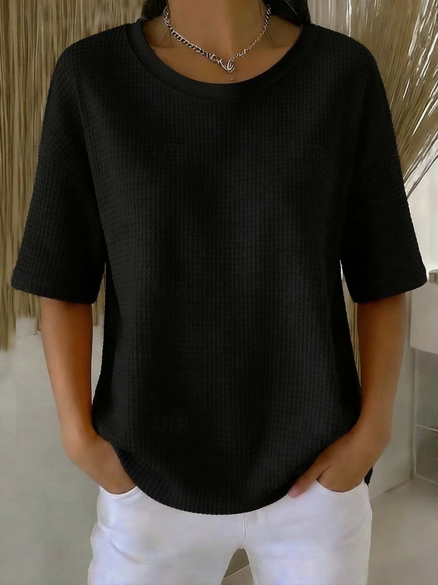 Жен. Вафельная рубашка Футболка Футболки Топы в вафельном вязании Сплошной цвет Классика Современное На каждый день С короткими рукавами Вырез под горло Обычные топы Повседневные Праздники На выход 2026 - $26.99 –P13