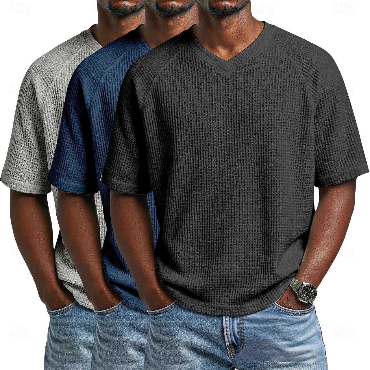 3 pezzi t-shirt da uomo waffle maglietta a maniche corte scollo a V estate tinta unita testurizzata alla moda designer casual multipack maniche raglan casual quotidiano esterno blu bianco maglietta del 2026 a $51.99 –P15