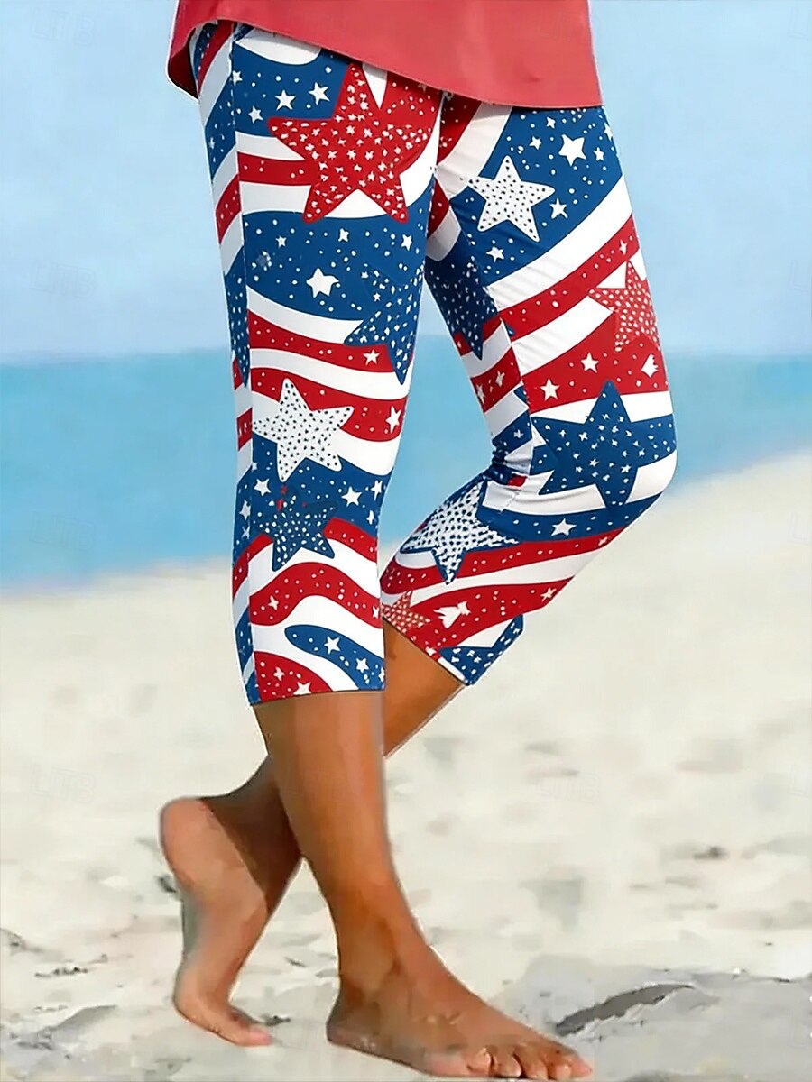 Amerikai függetlenség napja női capri nadrág leggings stílusos rugalmas vádlihosszúságú közepes derékú nadrág grafikus zászlómintás kényelem rugalmas mindennapi szabadtéri vakáció kék fekete fehér 2026 - $21.99 –P1