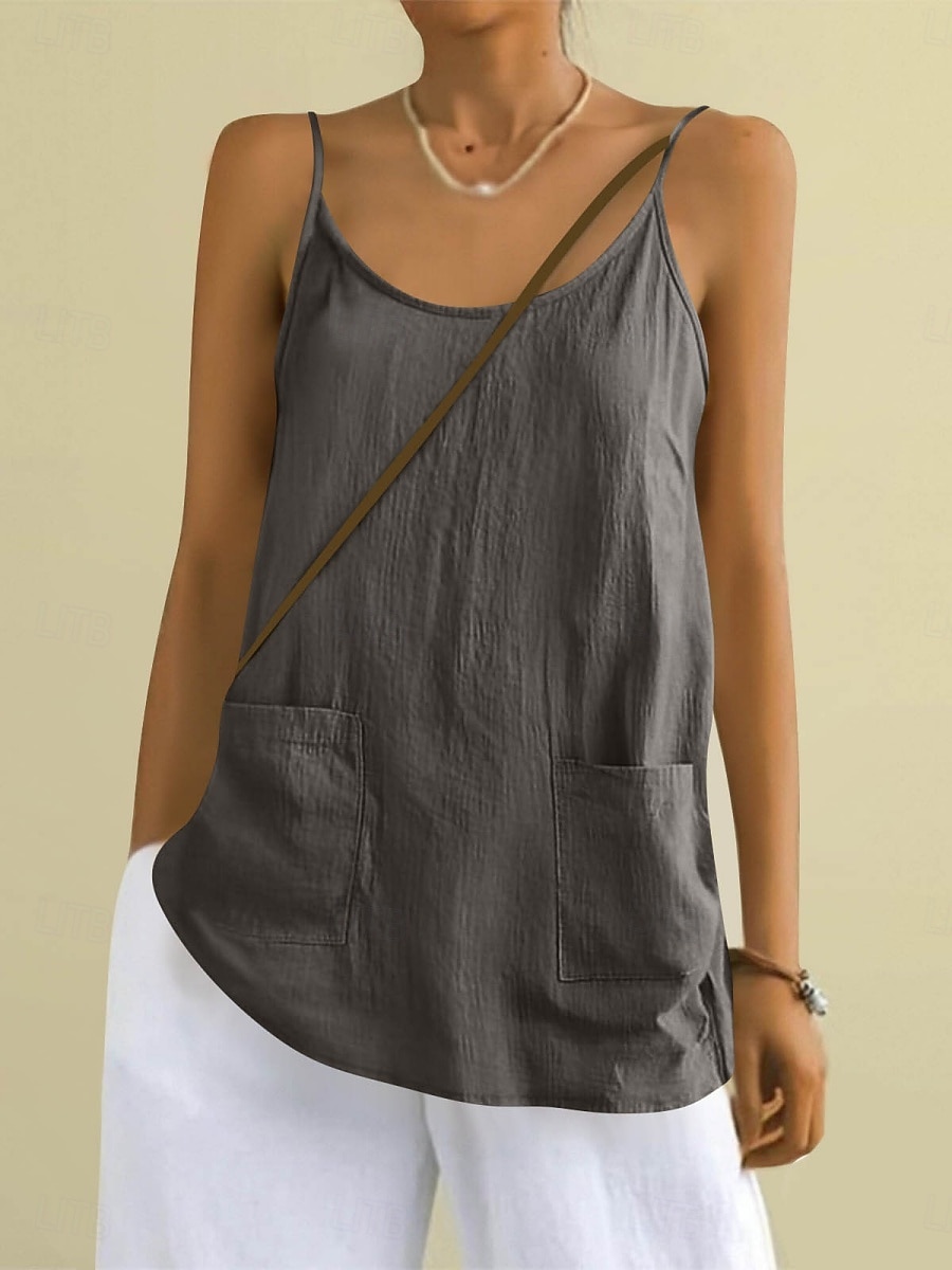 Regata feminina com bolso, lisa, moderna, elegante, clássica, sem mangas, gola redonda, ideal para uso diário, passeios e fins de semana. Cores: azul, preta, branca, amarela, rosa. Verão e primavera. de 2026 por $18.49 –P13