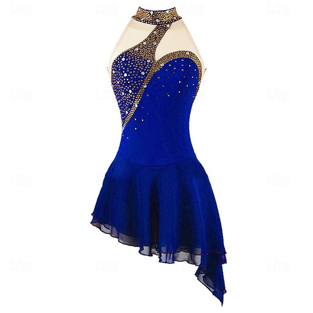 Figure Skating Dress Girls' Ice Skating Dress Violet Navy Black Patchwork Asymmetric Hem Stretchy Training Competition Skating Wear Classic Crystal / Rhinestone Sleeveless Ice Skating Figure Skating 2026 - $199.99 –P9