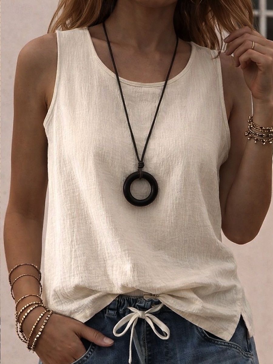 Per donna Finto cotone e lino Semplice Moda Elegante Classico Senza Maniche Manica Corta Girocollo Top Regolari Quotidiano Uscire Weekend Blu Nero Bianco Giallo Rosa Estate Primavera del 2026 a $34.99 –P2