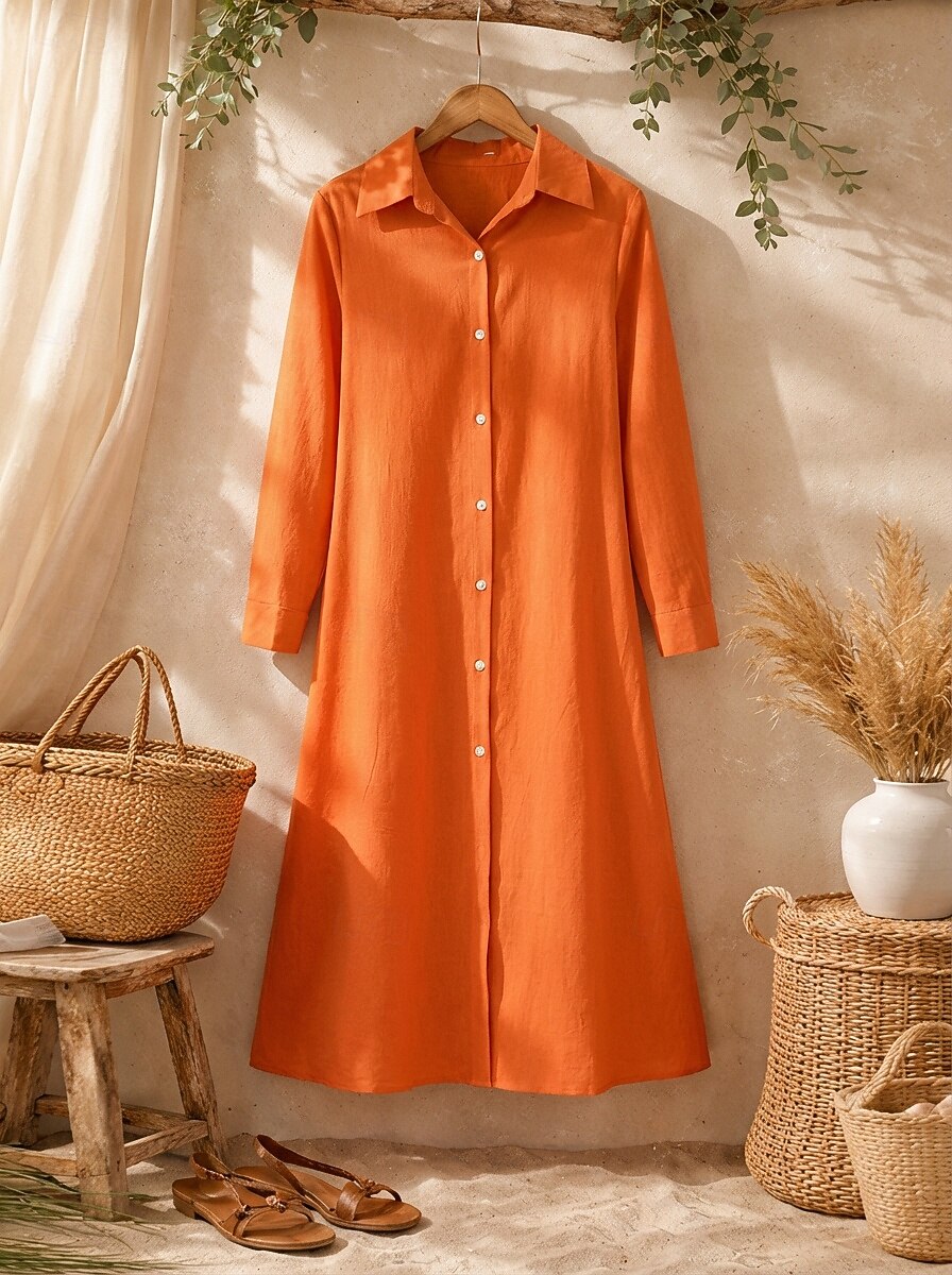 Women's Midi Dress Linen-feel Dresses Shirt Dress Casual Dress A Line Dress Fashion Basic Modern Daily Vacation Going out Regular Fit Plain Long Sleeve Shirt Collar Blue Black Wine Orange Spring Fall 2026 - $27.99 –P2