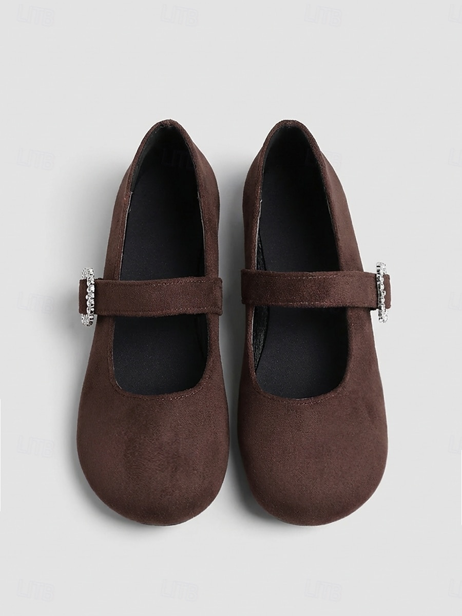 Dames Mary Jane platte schoenen met brede pasvorm in koffiekleur – comfortabele, casual platte schoenen met ronde neus en gesp met strasssteentjes, geschikt voor werk, dagelijkse wandelingen en buitenactiviteiten. 2026 - $19.99 –P2