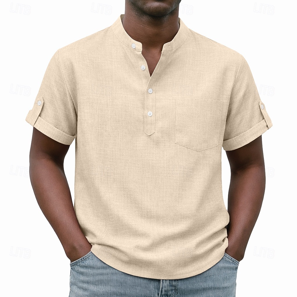 Men's Shirt Popover Shirt Casual Shirt Button Up Shirt Light Pink Black Yellow Light Green Pink Short Sleeve Plain Grandad Collar Casual Daily Clothing Apparel Elegant Fashion Casual 2026 - $26.99 –P4