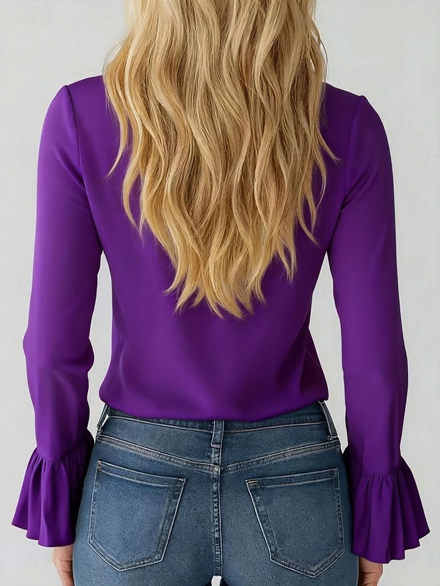 Dame Skjorte Bluse Rysjeskjorte Drapering Helfarge Stilfull Grunnleggende Klassisk Langermet V-hals Vanlige topper Daglig Ferie Ut på byen Svart Hvit Lilla Sommer Vår 2026 - $25.99 –P6