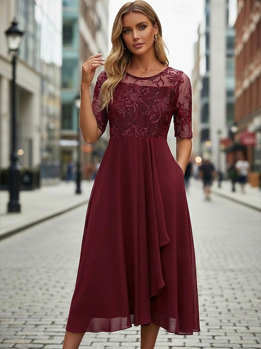 Dam Midiklänning Chiffongklänningar Spetsklänning Cocktail klänning Bröllopsgästklänning Elegant Formell Fest Bröllop Normal Halvlång ärm Rund hals Rodnande Rosa Guld Grön Mörkblå Sommar 2026 - $43.99 –P4