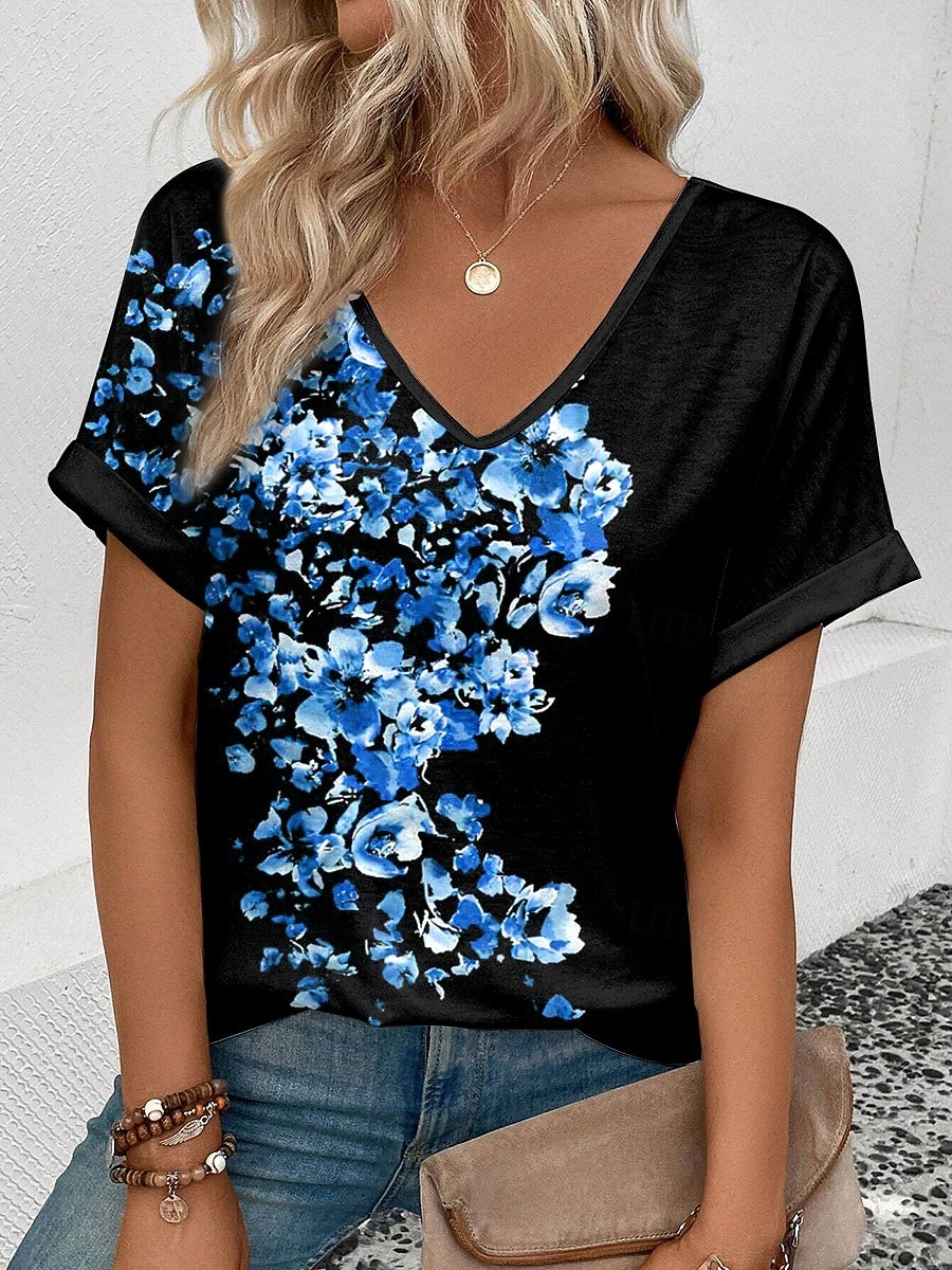Mujer Camiseta Estampado Floral Graphic Vintage Elegante Clásico Manga Corta Escote en Pico Tops regulares Diario Fin de semana Ropa de vacaciones Azul Piscina Rojo Morado Verde Trébol Verano 2026 - $21.99 –P3