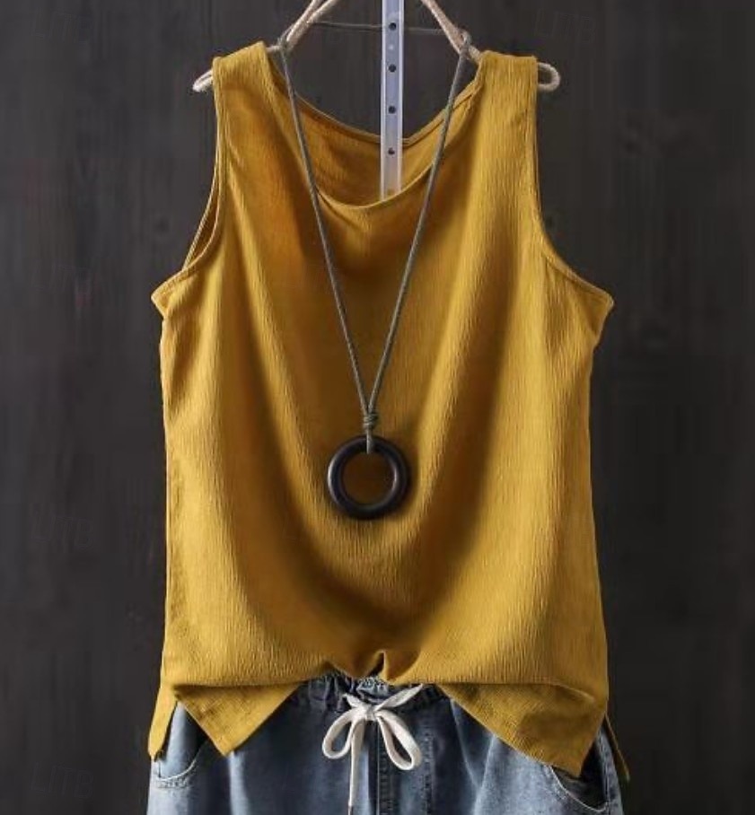 Per donna Finto cotone e lino Semplice Moda Elegante Classico Senza Maniche Manica Corta Girocollo Top Regolari Quotidiano Uscire Weekend Blu Nero Bianco Giallo Rosa Estate Primavera del 2026 a $34.99 –P7