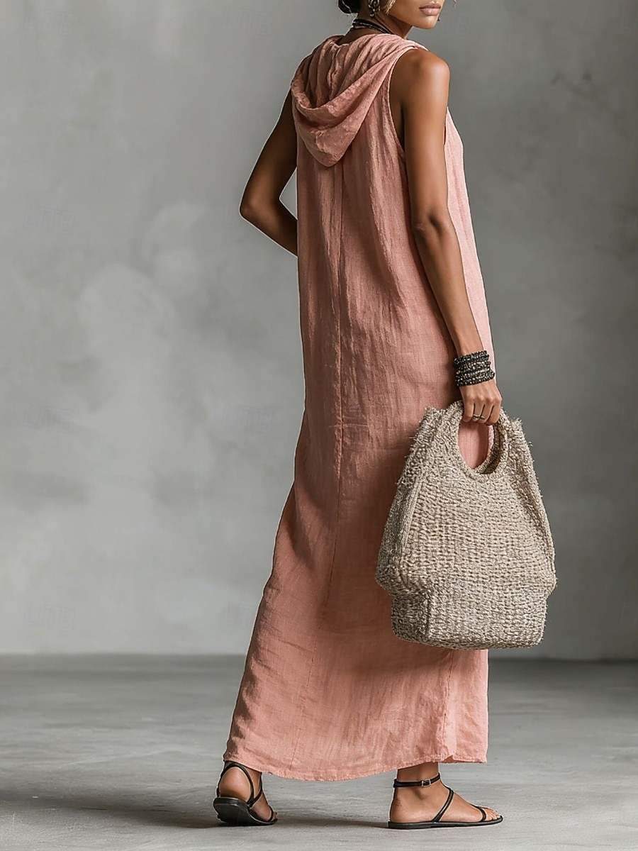 Women's Maxi Dress Linen-feel Dresses Shirt Dress Casual Dress Cotton Linen Dress Elegant Fashion Modern Outdoor Vacation Going out Regular Fit Plain Sleeveless Hooded Black Dusty Rose Navy Blue 2026 - $39.99 –P7