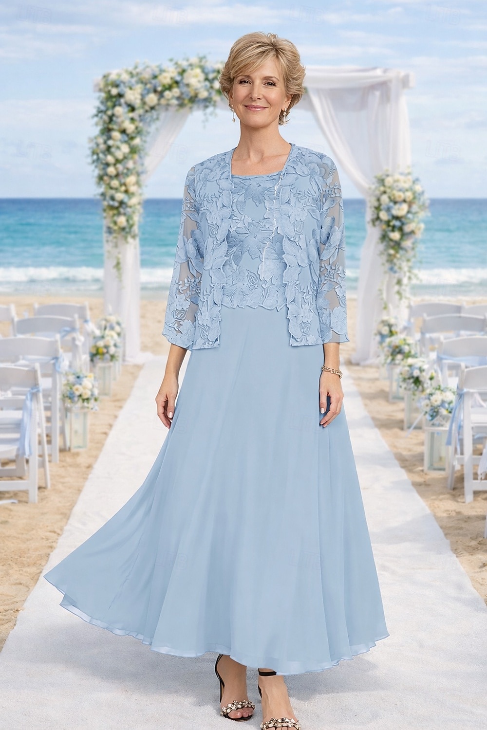 Zweiteilig Kleid-Sets Knöchellänge Kleid für Hochzeitsgäste Brautmutterkleid Langarm Rundhalsausschnitt Elegant Hochzeitsgast Kirche Chiffon mit Spitze Stickerei 2026 - $195.99 –P1